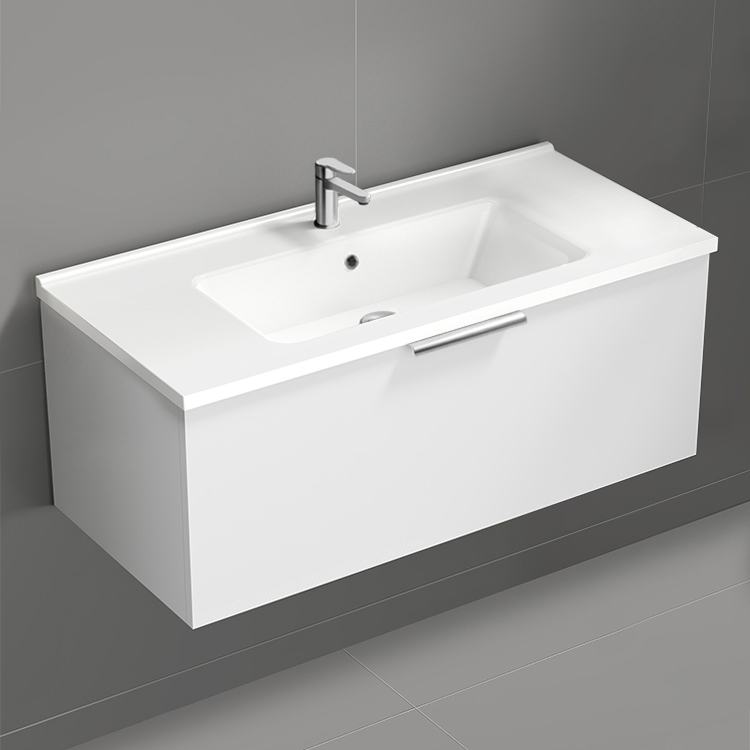 Nameeks BODRUM55 Wall Mounted Bathroom Vanity, Modern, 40 Inch, Glossy White